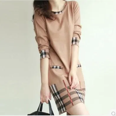 2016 New Arrival Women's Dress Winter Knitting Cotton Long-Sleeved Striped Mini O-Neck Dress