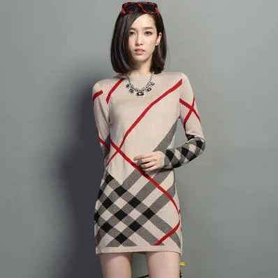 2016 New Arrival Women's Dress Winter Knitting Cotton Long-Sleeved Striped Mini O-Neck Dress