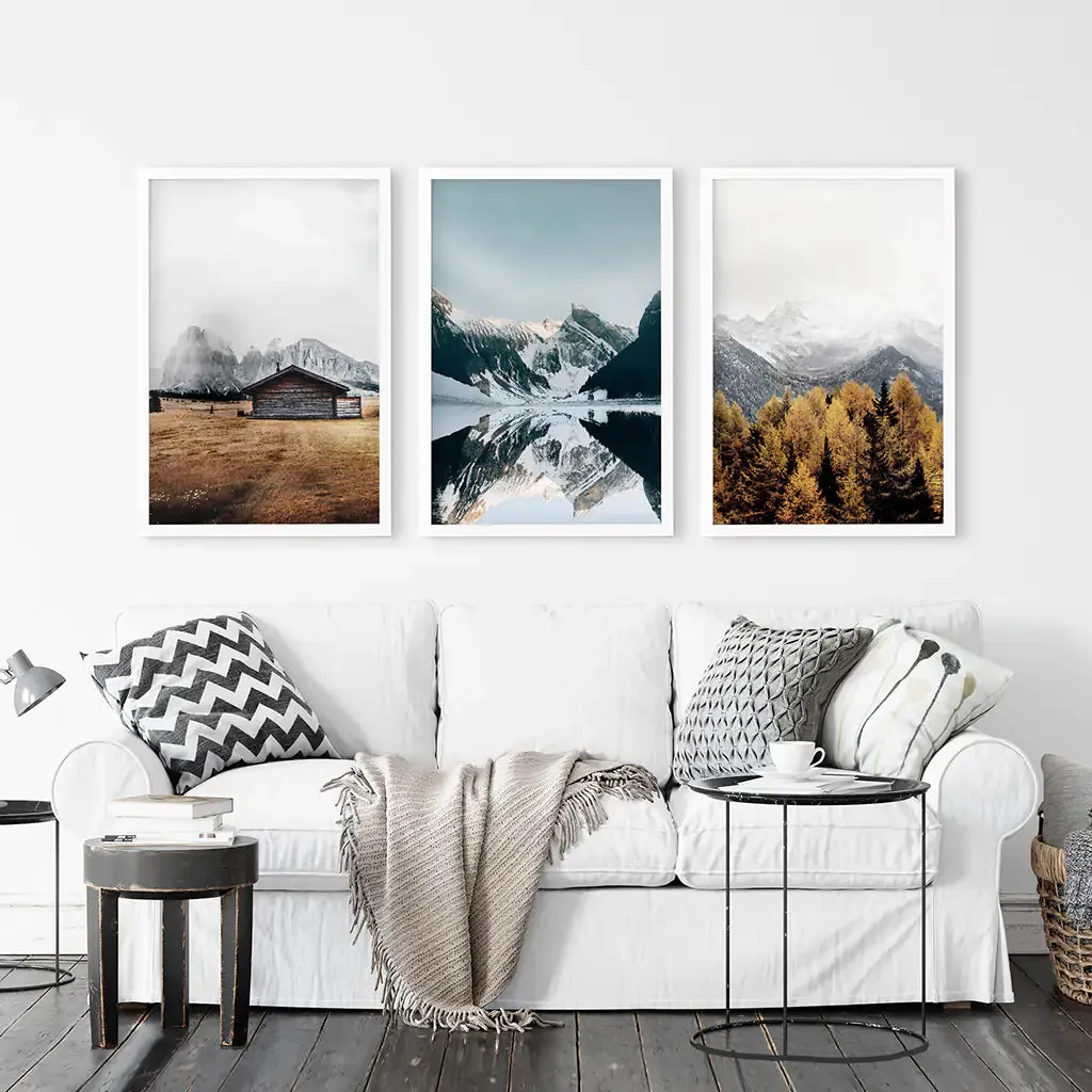 3 Piece Autumn Mountain, Forest, Lake Wall Art. Nordic Photo