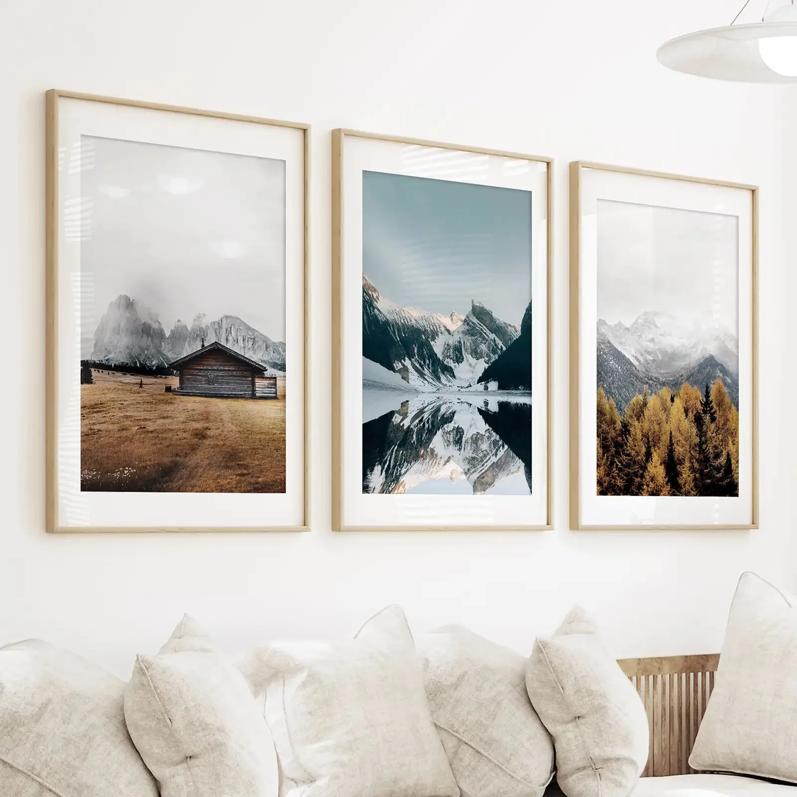 3 Piece Autumn Mountain, Forest, Lake Wall Art. Nordic Photo