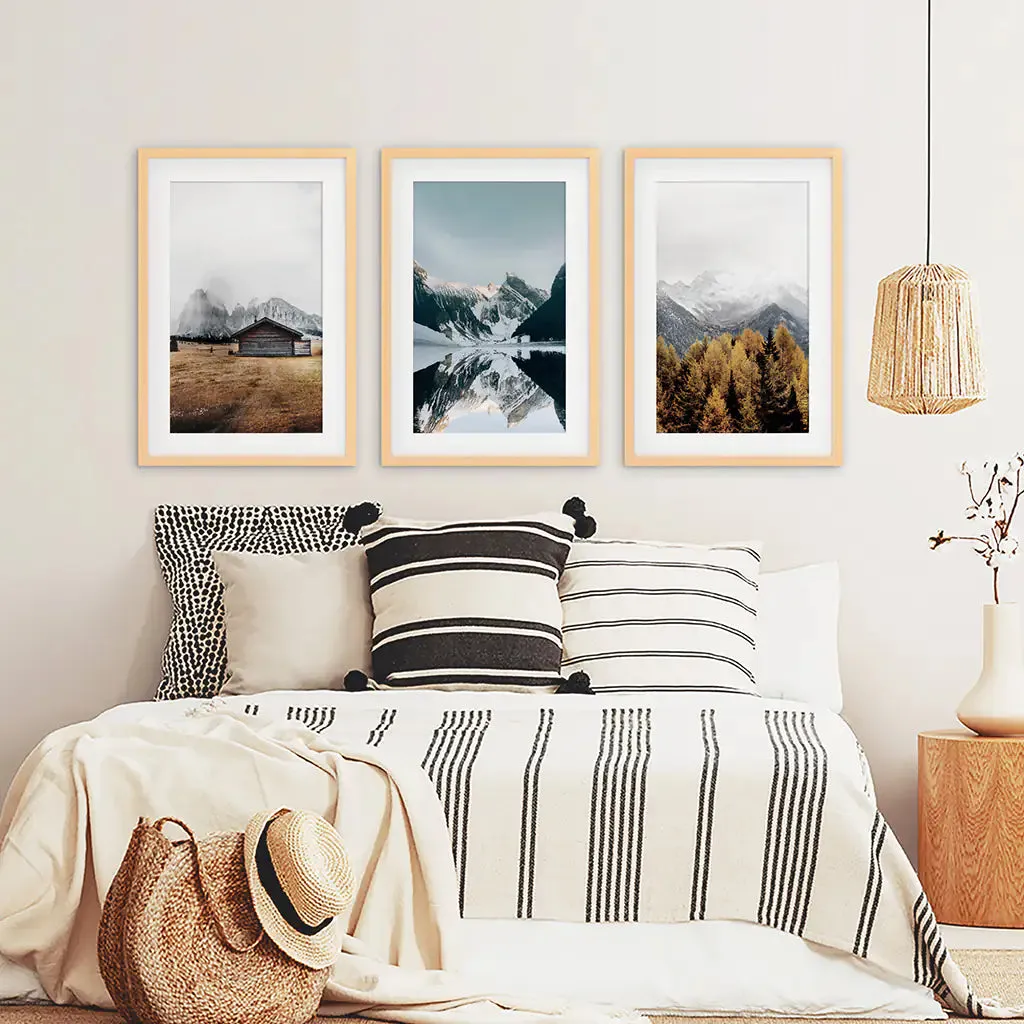 3 Piece Autumn Mountain, Forest, Lake Wall Art. Nordic Photo