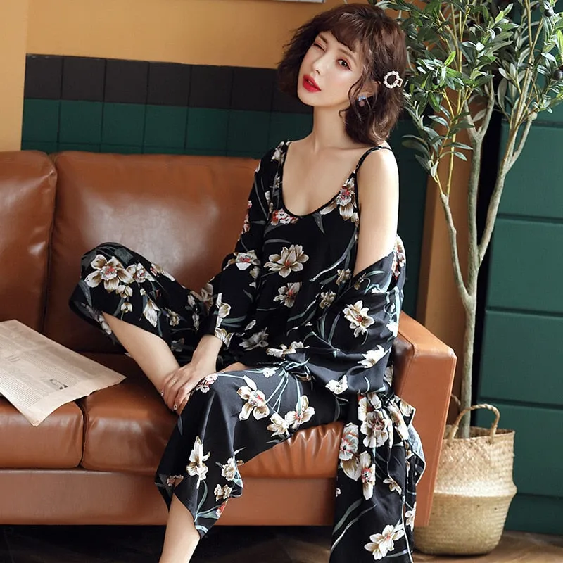 3 Pieces Soft Autumn Summer Women Pajamas Sets Floral Printed Sleepwear Robe Sling Top Pants Female Leisure Nightwear Suit