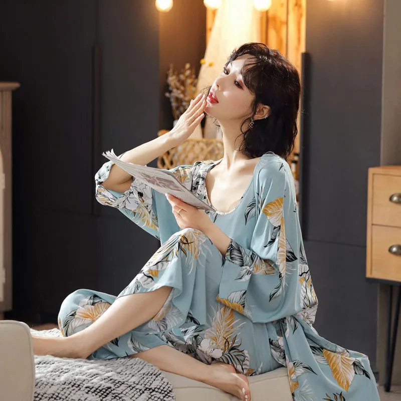 3 Pieces Soft Autumn Summer Women Pajamas Sets Floral Printed Sleepwear Robe Sling Top Pants Female Leisure Nightwear Suit