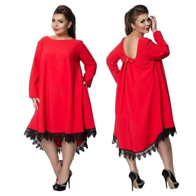 5XL 6XL Plus Size Patchwork Lace Women's Loose Knee-Length Winter Dress