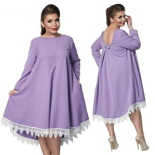 5XL 6XL Plus Size Patchwork Lace Women's Loose Knee-Length Winter Dress