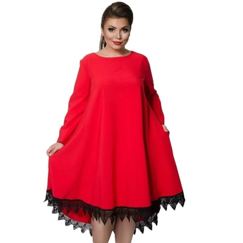 5XL 6XL Plus Size Patchwork Lace Women's Loose Knee-Length Winter Dress