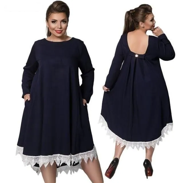 5XL 6XL Plus Size Patchwork Lace Women's Loose Knee-Length Winter Dress