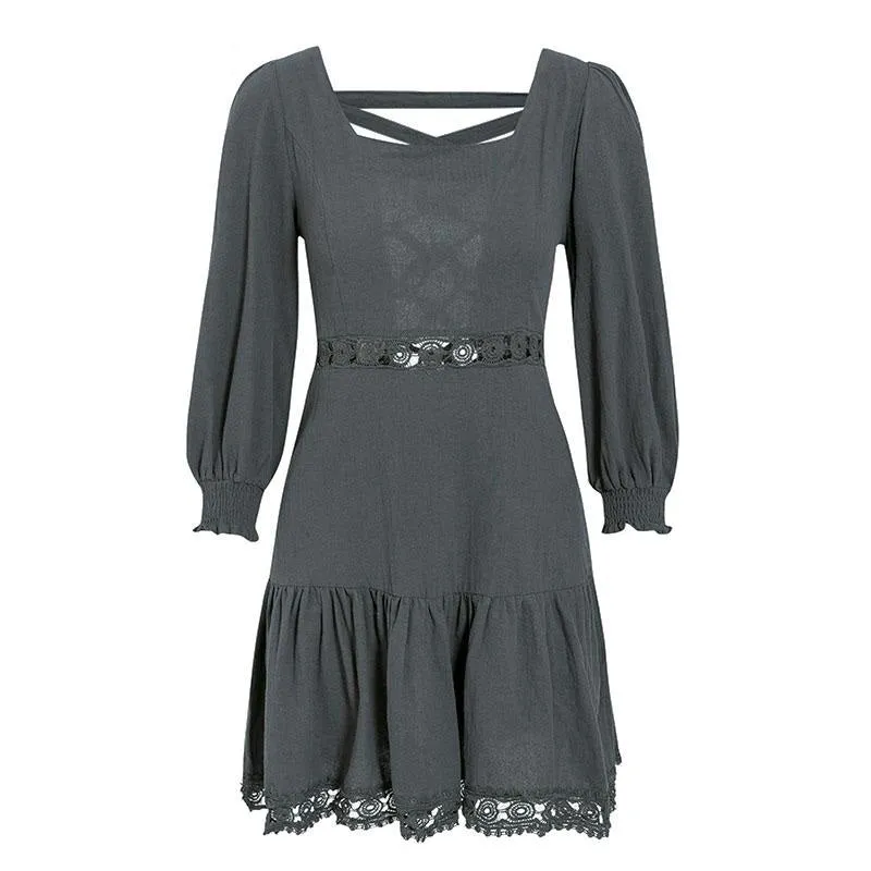 A-line Hollow Out Elegant Ruffled Lantern Sleeve Autumn Casual Short Party Dress