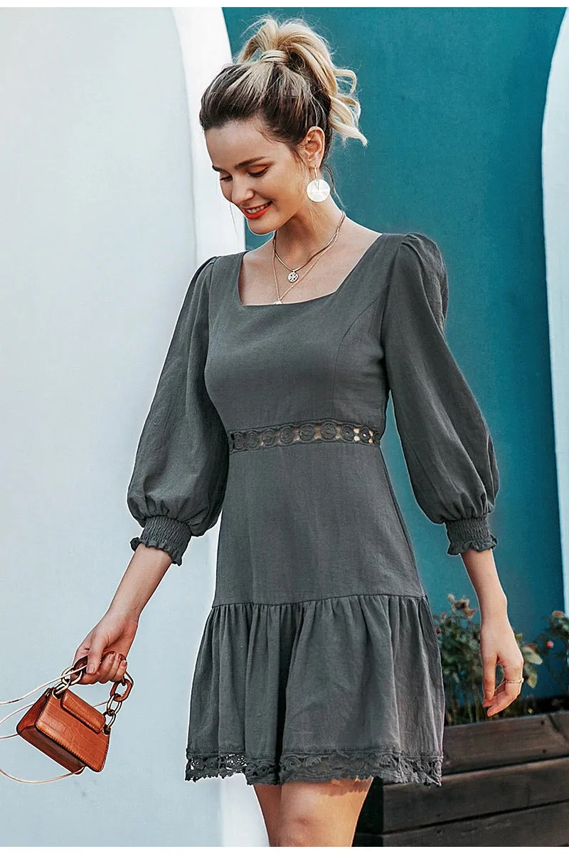 A-line Hollow Out Elegant Ruffled Lantern Sleeve Autumn Casual Short Party Dress