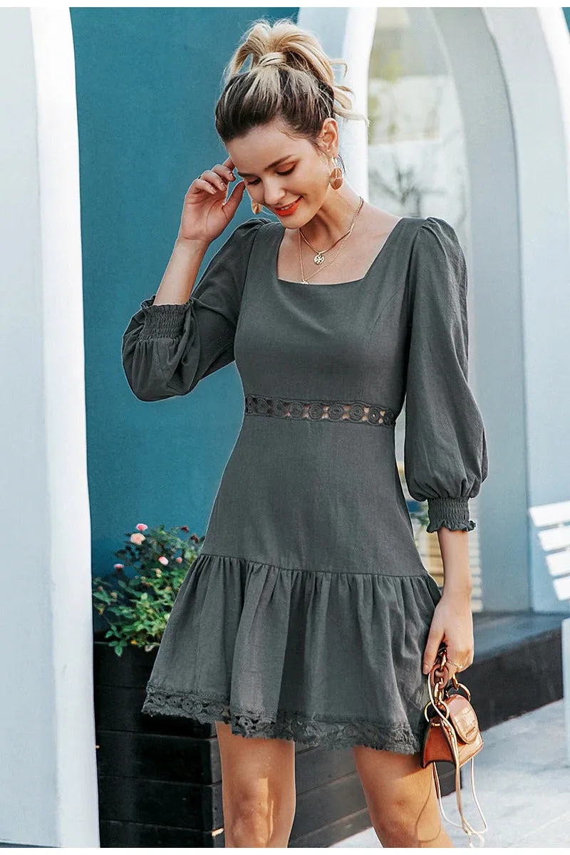 A-line Hollow Out Elegant Ruffled Lantern Sleeve Autumn Casual Short Party Dress