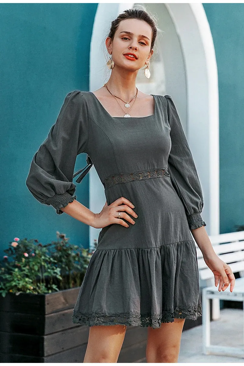 A-line Hollow Out Elegant Ruffled Lantern Sleeve Autumn Casual Short Party Dress