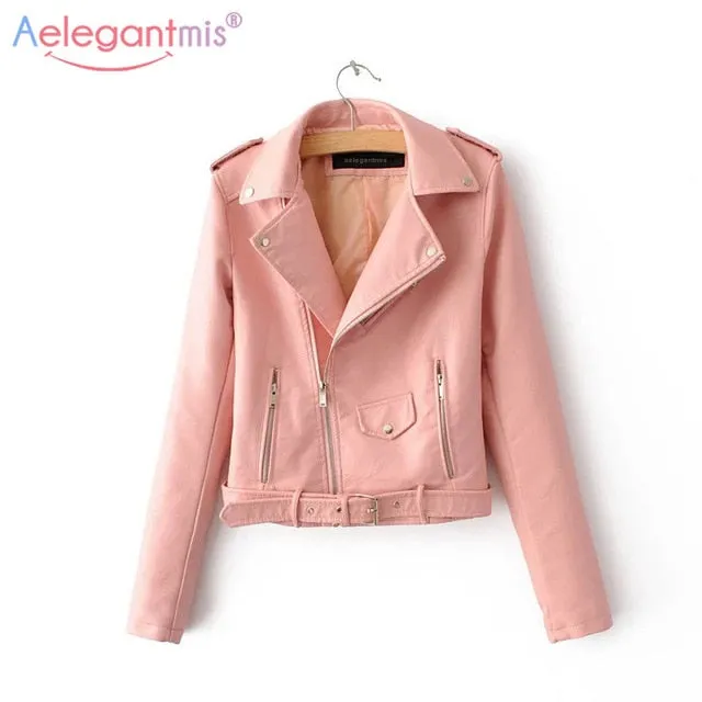 Aelegantmis Autumn New Short Faux Soft Leather Jacket Women Fashion Zipper Motorcycle PU Leather Jacket Ladies Basic Street Coat