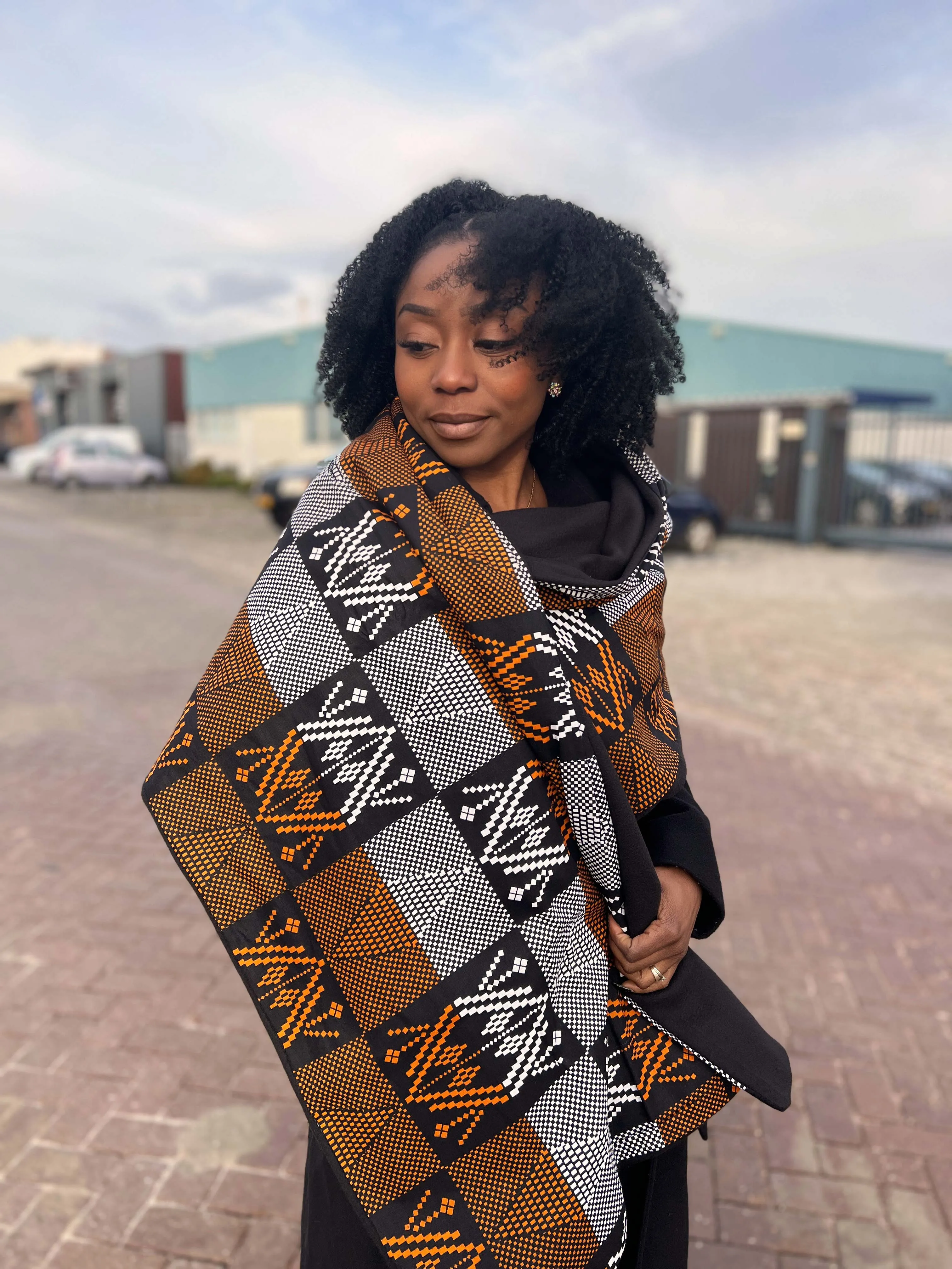 African print Winter scarf for Adults Unisex - Kente Mud Black / orange