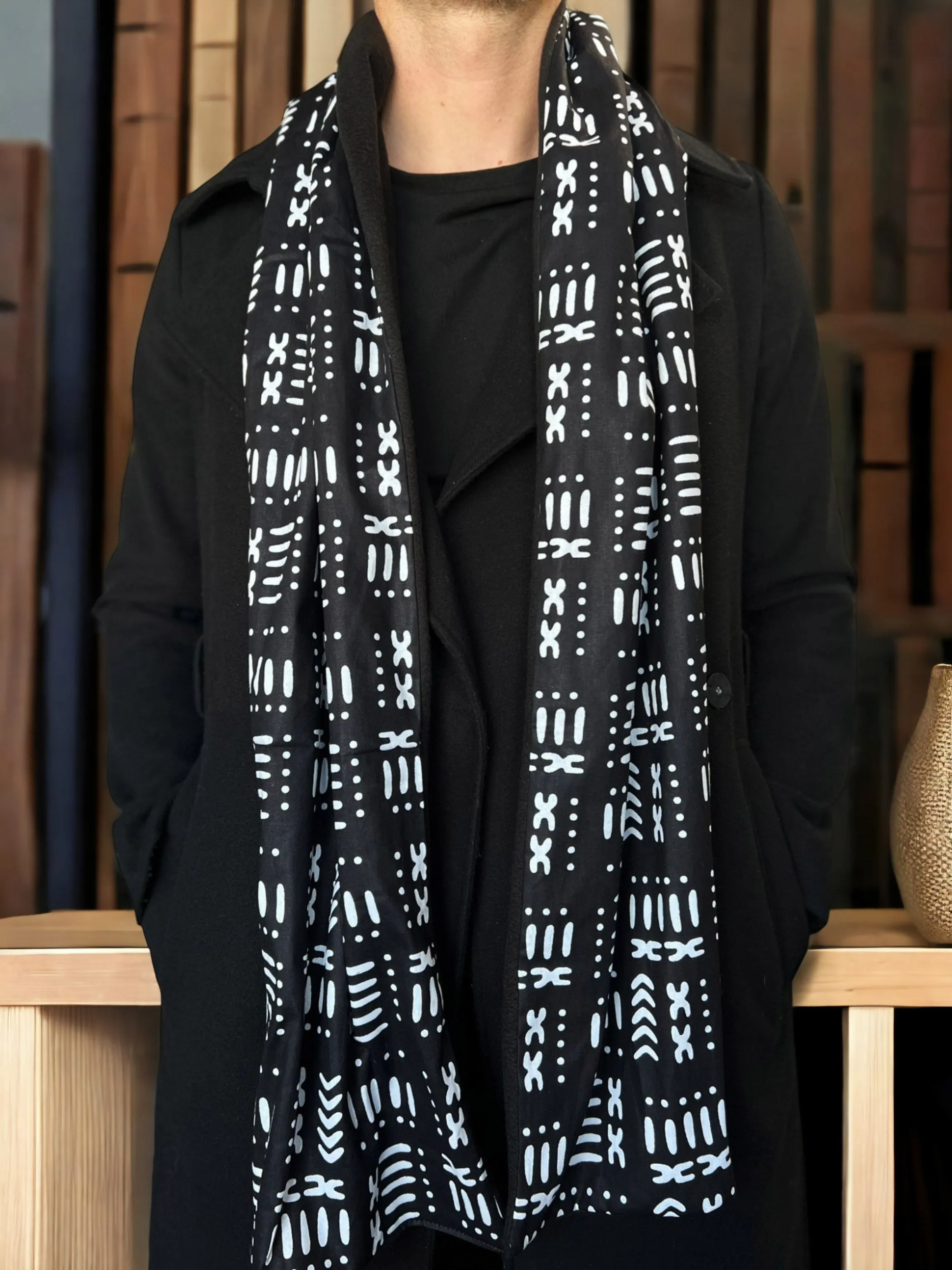 African print Winter scarf for Men - Black mud cloth / bogolan