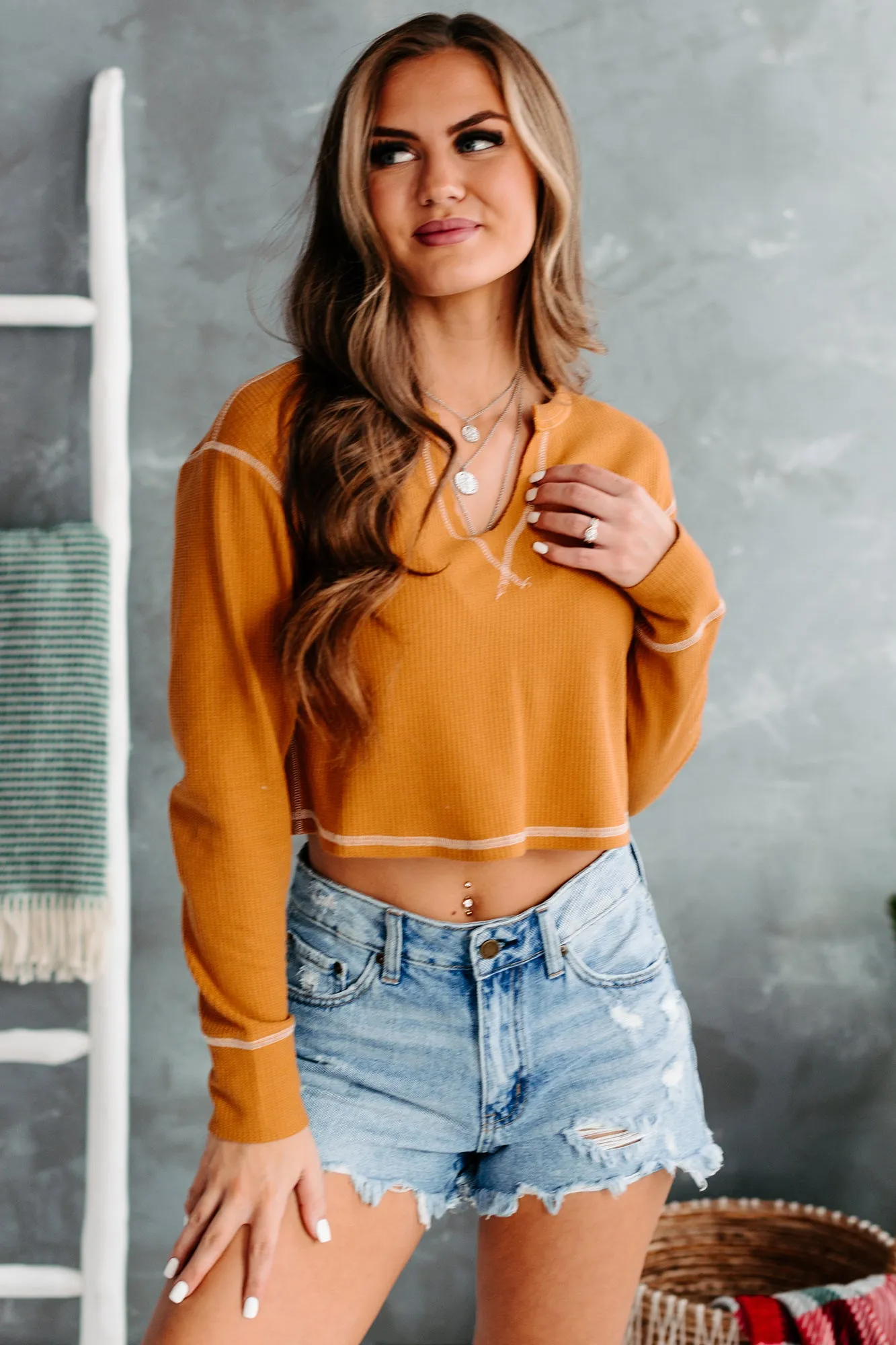 Always Happy V-Notched Thermal Knit Crop Top (Camel)