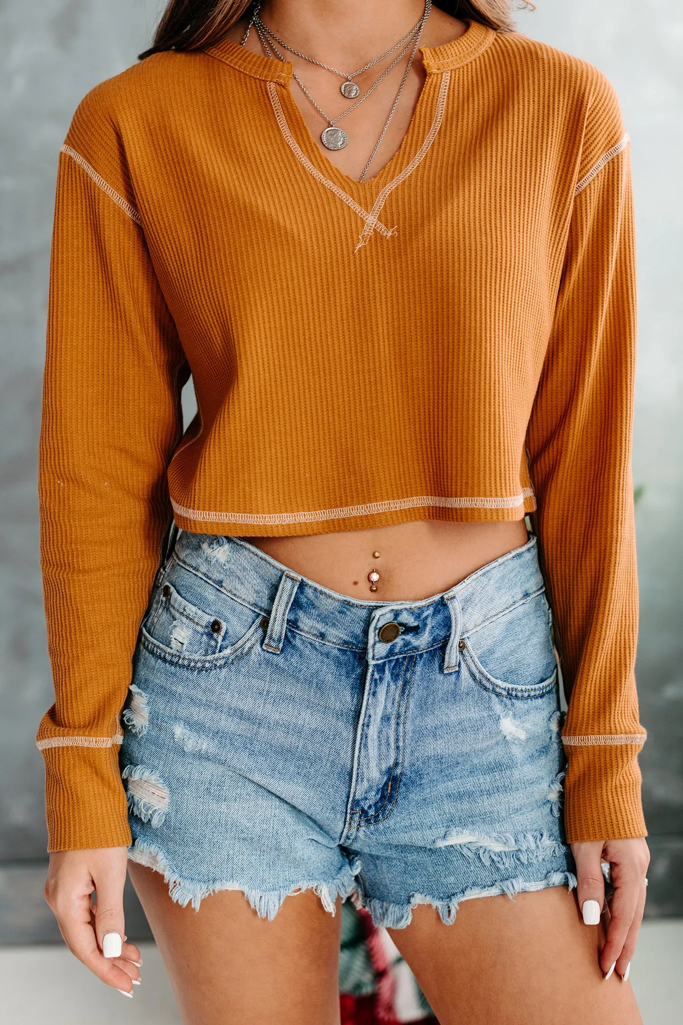 Always Happy V-Notched Thermal Knit Crop Top (Camel)