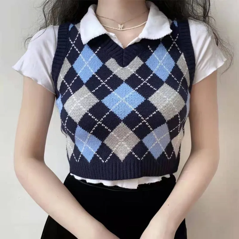 Argyle Women Vest Sweater Autumn Fashion V Neck Knitted Plaid Crop Sweater Casual V Neck Preppy Style Female Jumper Tops