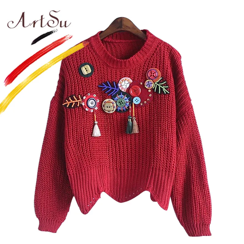 ArtSu 2017 Boho Vintage Knitted Sweater Pullover For Women Autumn Appliques Round Neck Long Sleeve Jumper Pull Femme ASSW20135