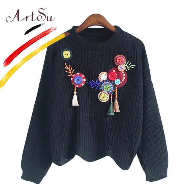 ArtSu 2017 Boho Vintage Knitted Sweater Pullover For Women Autumn Appliques Round Neck Long Sleeve Jumper Pull Femme ASSW20135