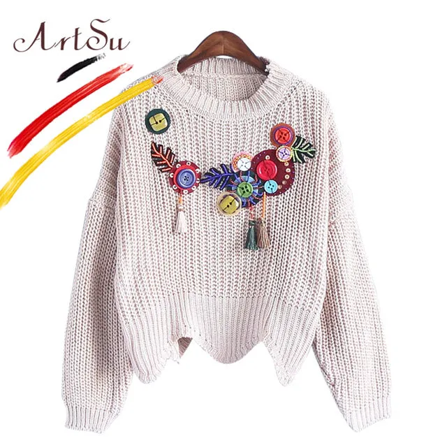 ArtSu 2017 Boho Vintage Knitted Sweater Pullover For Women Autumn Appliques Round Neck Long Sleeve Jumper Pull Femme ASSW20135