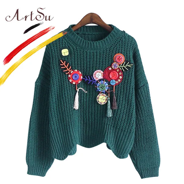 ArtSu 2017 Boho Vintage Knitted Sweater Pullover For Women Autumn Appliques Round Neck Long Sleeve Jumper Pull Femme ASSW20135