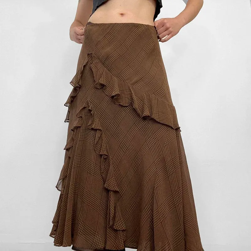 Asymmetrical Brown Boho Long Skirt Autumn Vintage Chiffon Ruffles Stitched Elegant Plaid Skirt Female Party Outfits