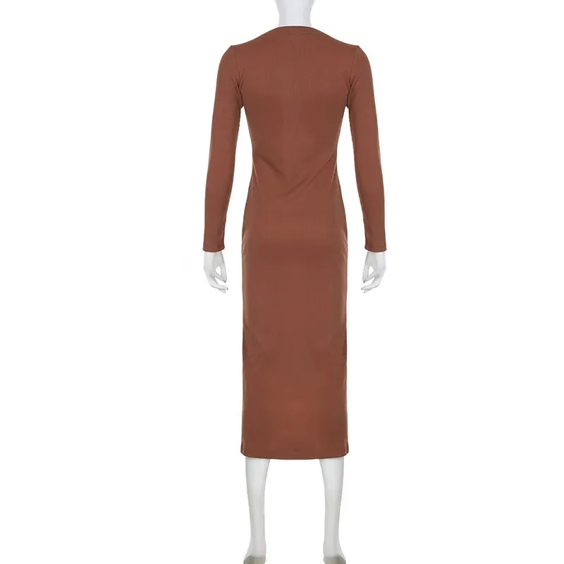 Asymmetrical Brown Knitted Autumn Dress Sexy Split Buttons Slim Casual Elegant Long Dress Ladies Clubwear Basic 2024