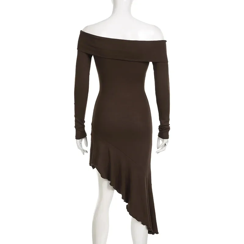 Asymmetrical Elegant Brown Midi Dress Female Ruffles Slash Neck Bodycon Autumn Dress Fashion Party Solid Long Sleeve