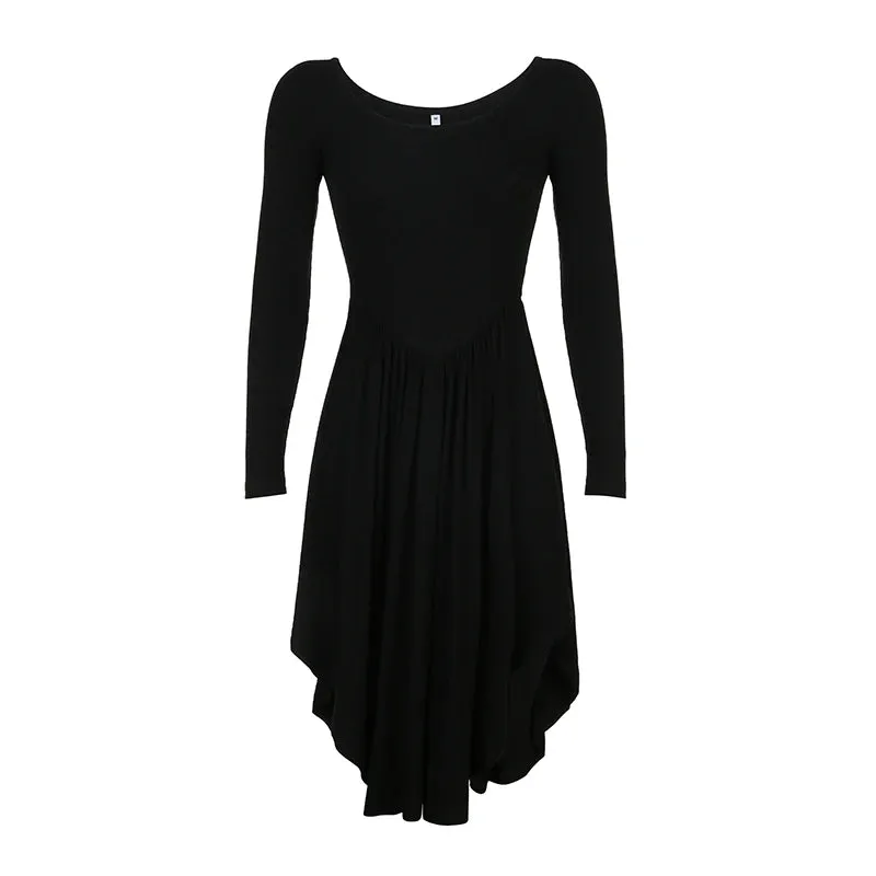 Asymmetrical Fashion Black Party Dress Female Folds Off Shoulder Solid Elegant Club Autumn Dress Midi Pleated Clothes