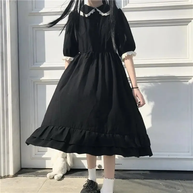 Autumn Black Kawaii Lolita Style Dress Mori Girl Fairy Cute Lolita Peter Pan Collar Puff Sleeve Dress Fashion Women