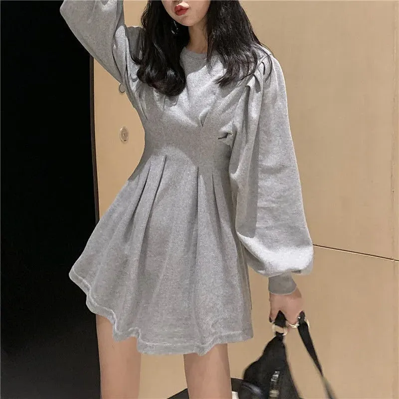 Autumn Black Mini Dress Spring Fashion Korean Style Wrap Long Sleeve Pleated Dress Casual Wrap Streetwear Women Kpop