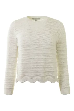 Autumn Cashmere Mesh Crew Sweater w/ Scalloped Edge in Bleach White