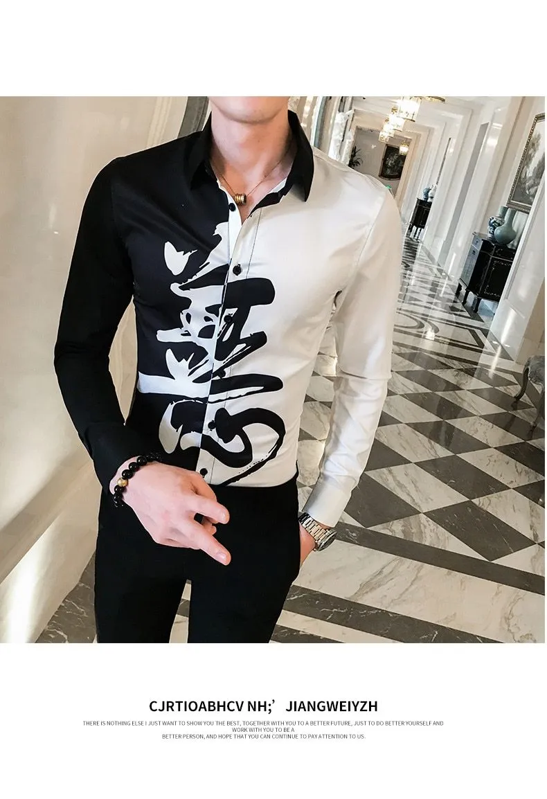 Autumn Casual Streetwear Men's Patchwork Long Sleeves Slim Fit Shirt