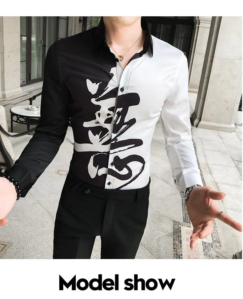 Autumn Casual Streetwear Men's Patchwork Long Sleeves Slim Fit Shirt