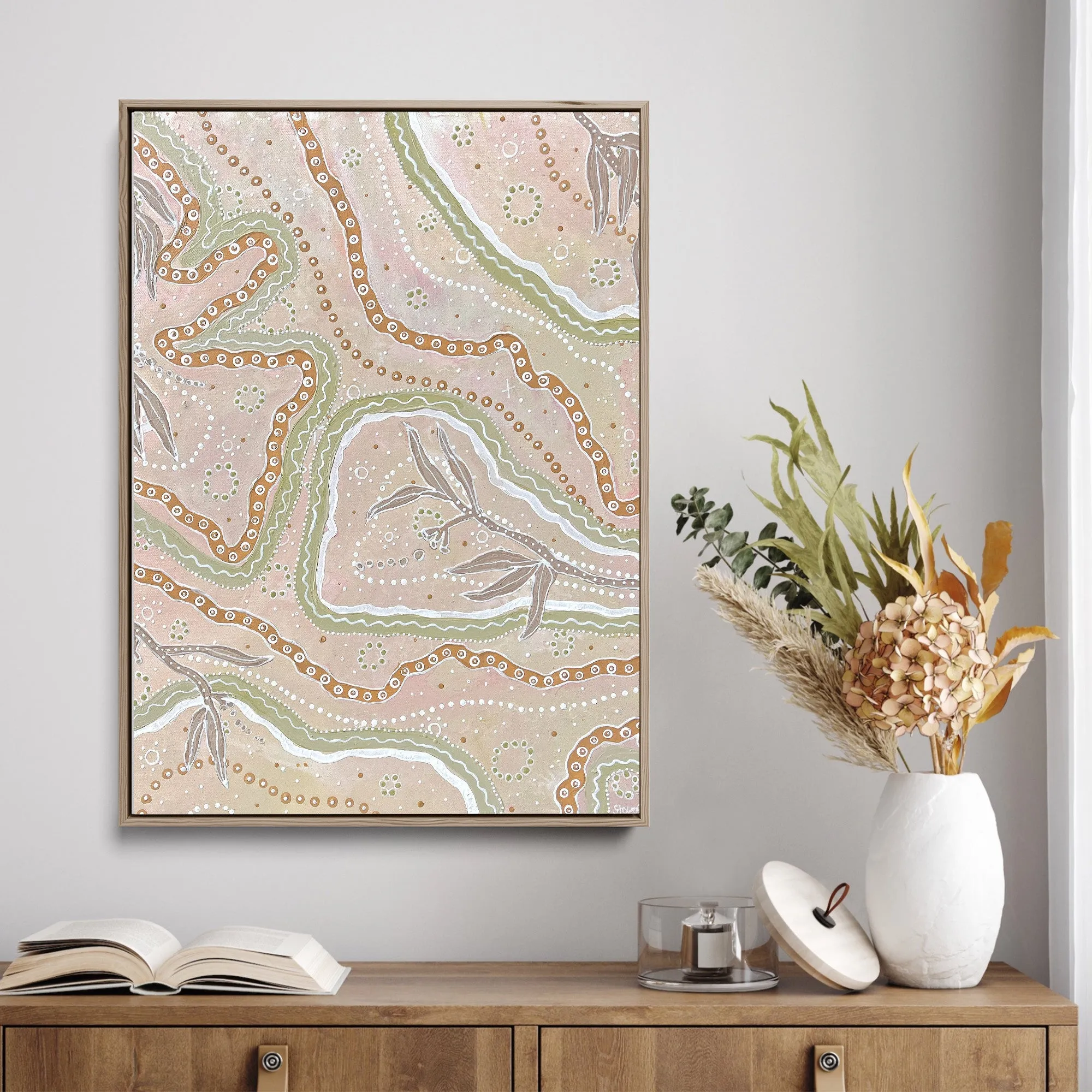 Autumn Changes-  Green Aboriginal Art Print by Holly Stowers - Canvas or Fine Art Dot Painting