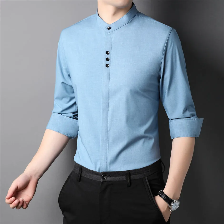 Autumn Classic Collarless Solid Casual Long Sleeve Shirt for Men