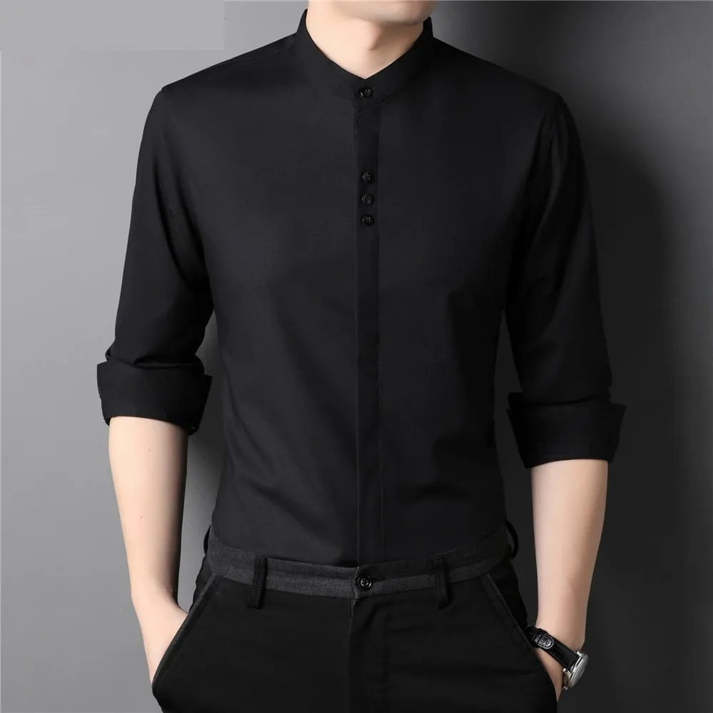 Autumn Classic Collarless Solid Casual Long Sleeve Shirt for Men