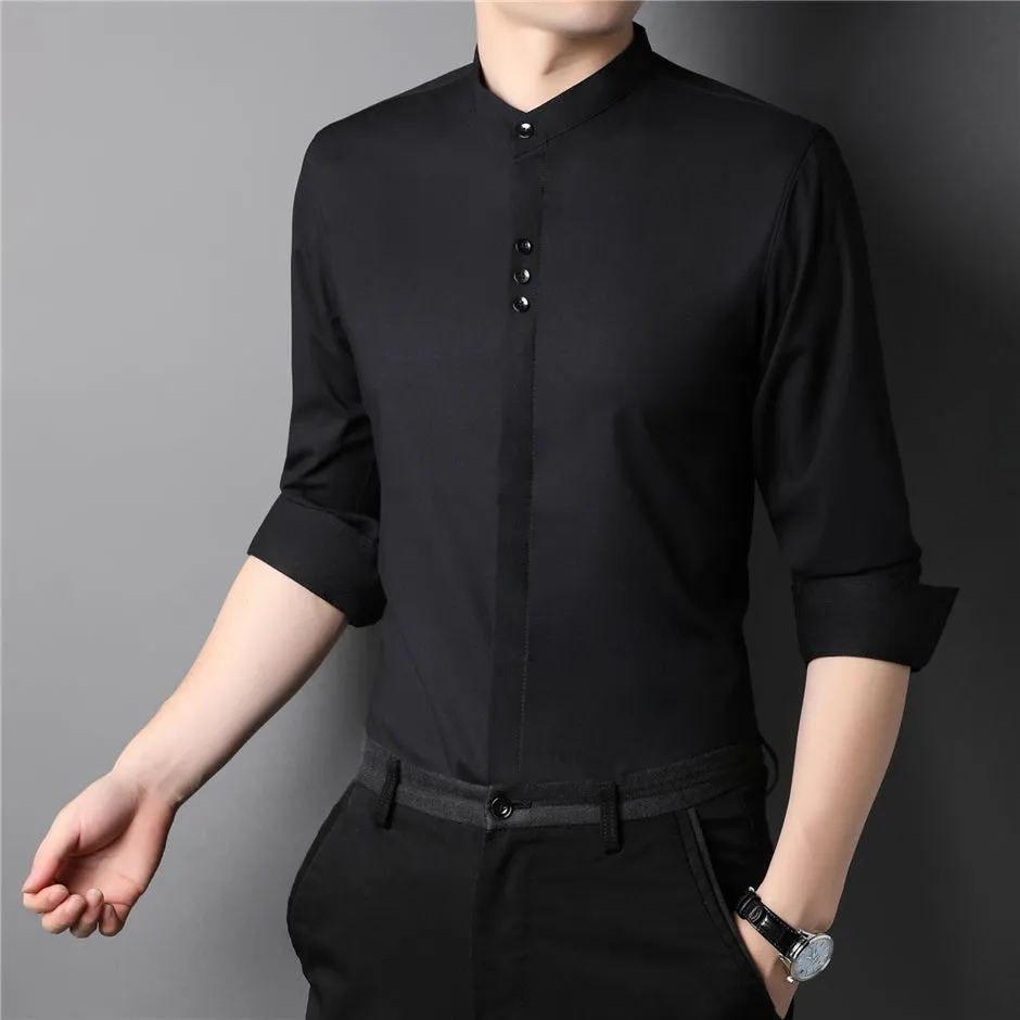 Autumn Classic Collarless Solid Casual Long Sleeve Shirt for Men