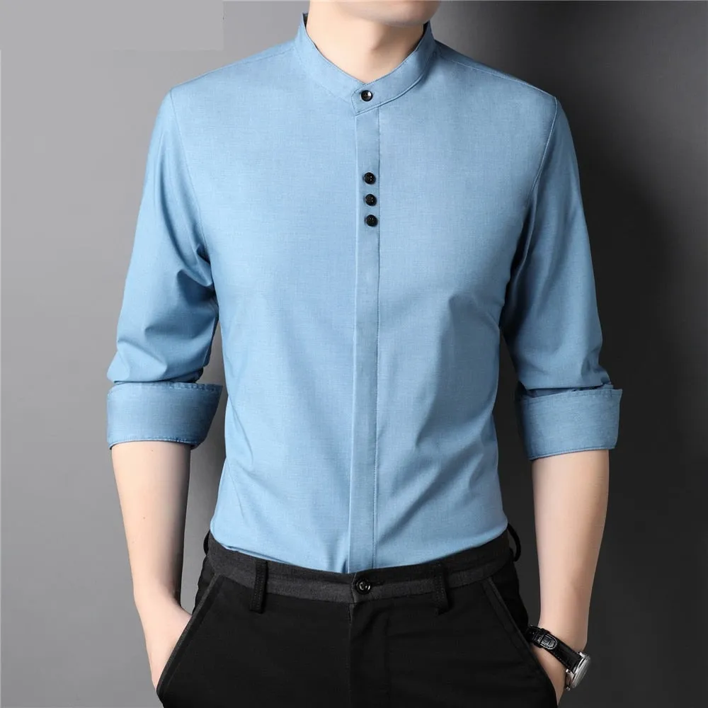 Autumn Classic Collarless Solid Casual Long Sleeve Shirt for Men