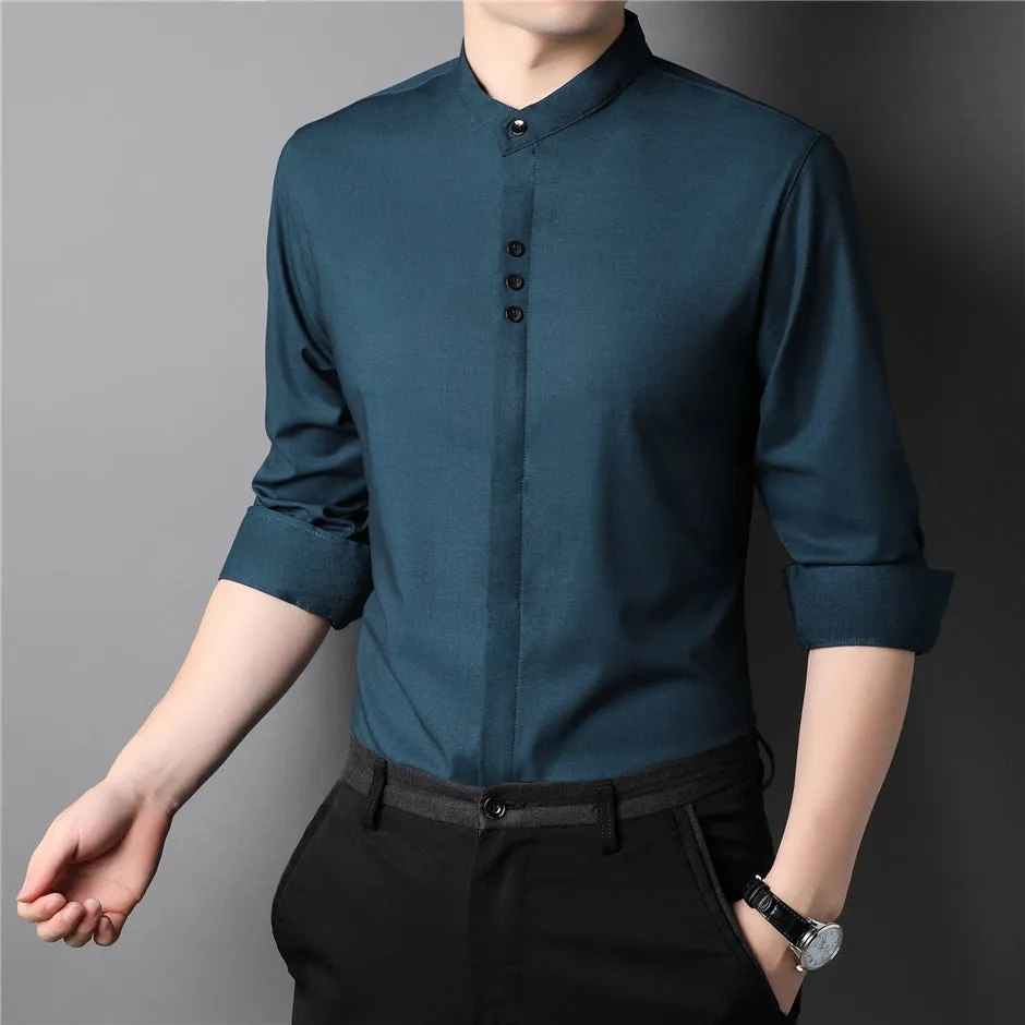 Autumn Classic Collarless Solid Casual Long Sleeve Shirt for Men