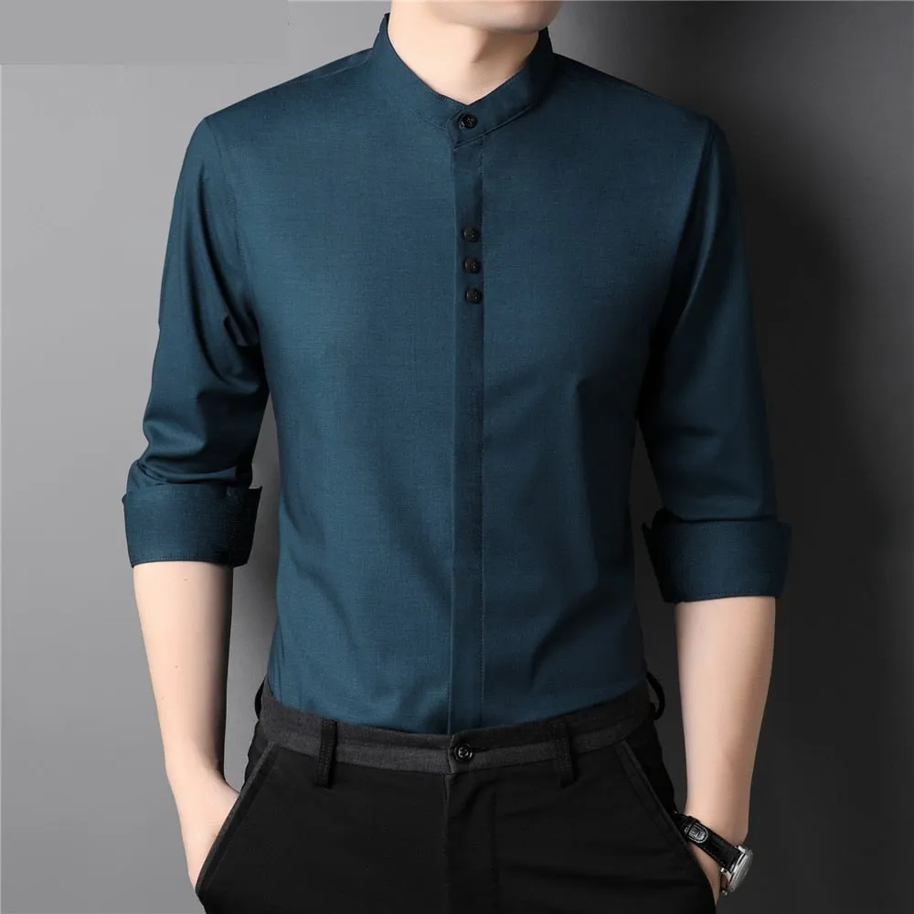 Autumn Classic Collarless Solid Casual Long Sleeve Shirt for Men