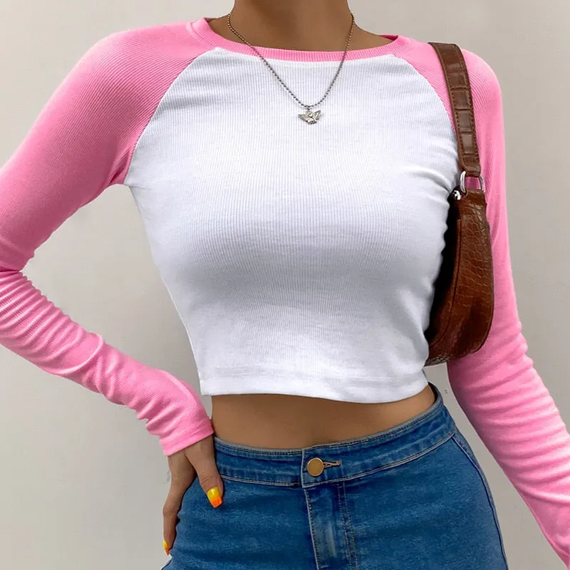 Autumn Contrast Color Basic Crop Top Shirt Long Sleeve Streetwear Women Casual Slim Cute Kawaii T-Shirt Harajuku