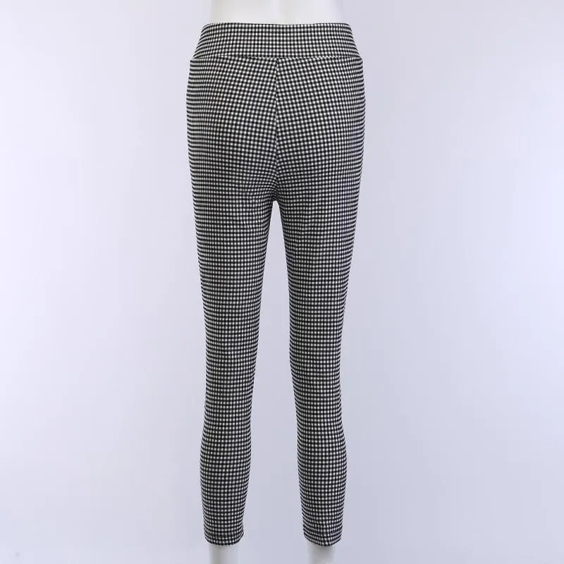 Autumn Elegant Women's Grey Plaid Button Front High Waist Skinny Pants