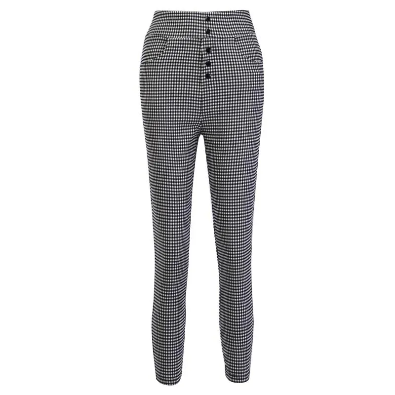 Autumn Elegant Women's Grey Plaid Button Front High Waist Skinny Pants