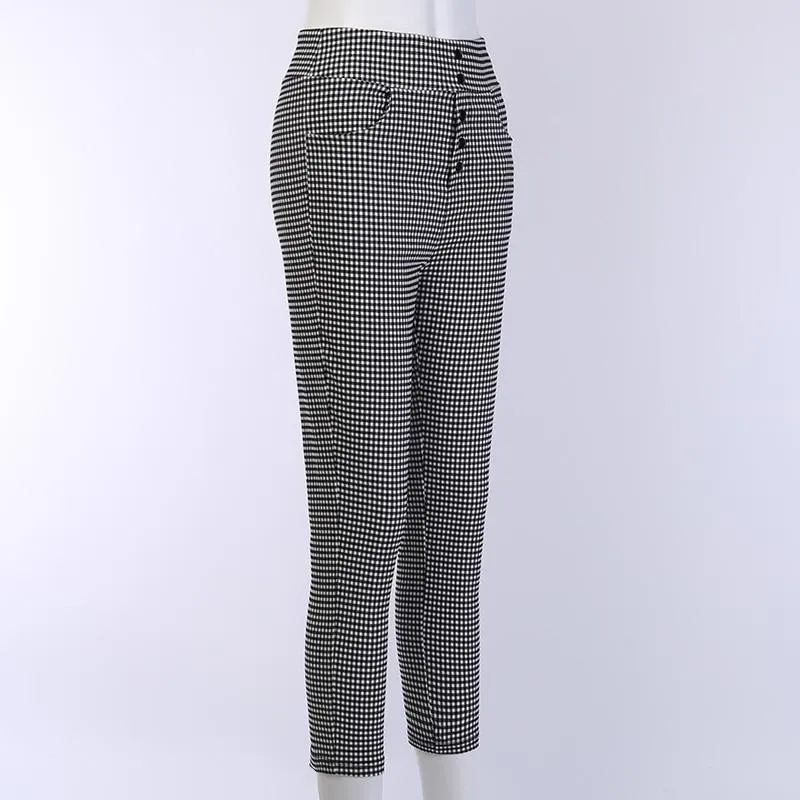 Autumn Elegant Women's Grey Plaid Button Front High Waist Skinny Pants