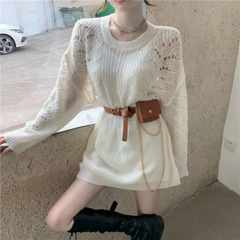 Autumn Fashion Korean Style White Sweater with Belt Hollow Out Kpop Streetwear Loose Pullovers Women Long Sleeve Top