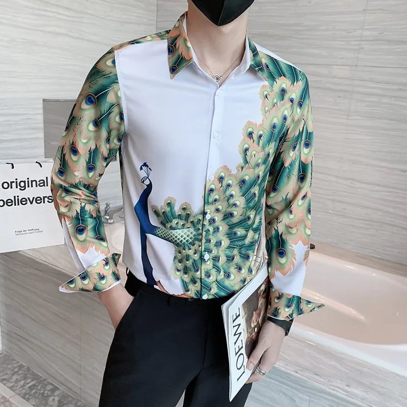 Autumn Fashion Luxury Peacock Print Long Sleeve Slim Casual Shirt for Men