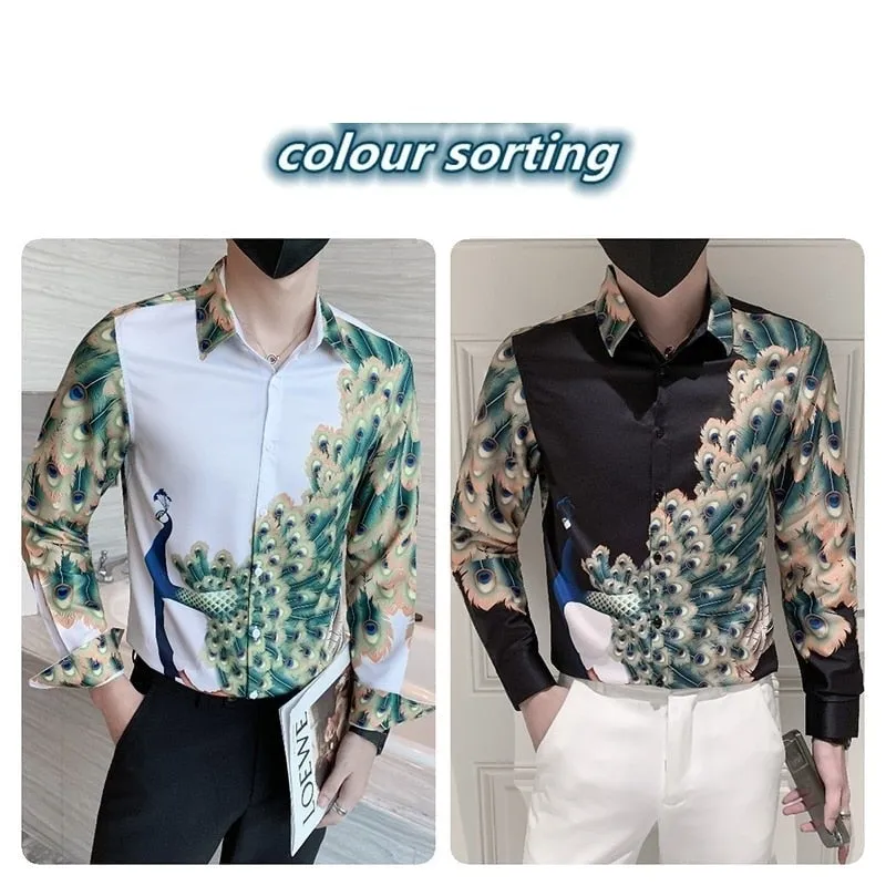 Autumn Fashion Luxury Peacock Print Long Sleeve Slim Casual Shirt for Men