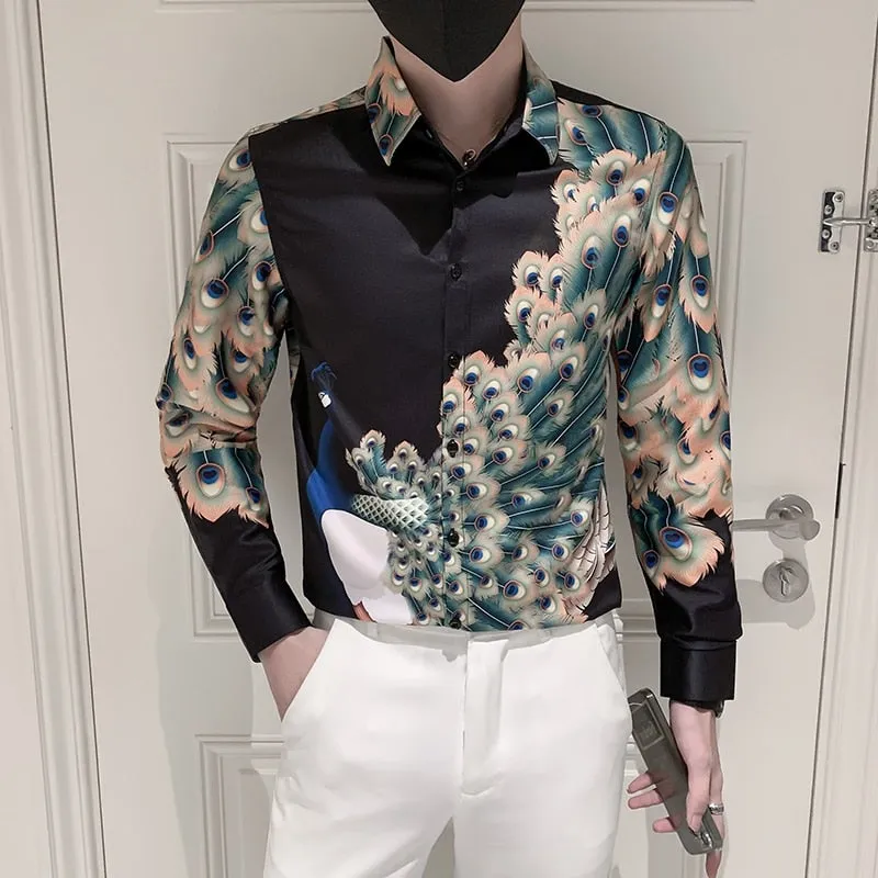 Autumn Fashion Luxury Peacock Print Long Sleeve Slim Casual Shirt for Men