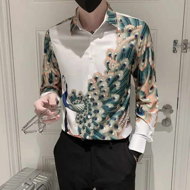 Autumn Fashion Luxury Peacock Print Long Sleeve Slim Casual Shirt for Men